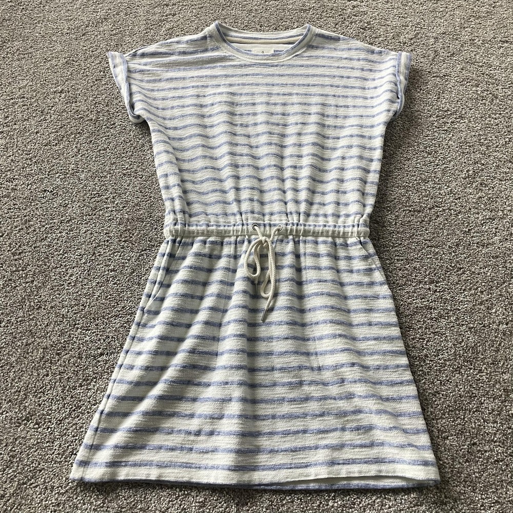 Lou & Grey Dress Womens S White Blue Striped Short Sleeve Drawstring Short